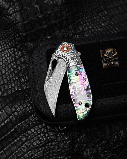 HorixGear TSUBASA Custom Folding Knife – Forged Layered Damascus, Abalone Handle & Hammered Bolster