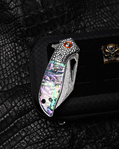 HorixGear TSUBASA Custom Folding Knife – Forged Layered Damascus, Abalone Handle & Hammered Bolster