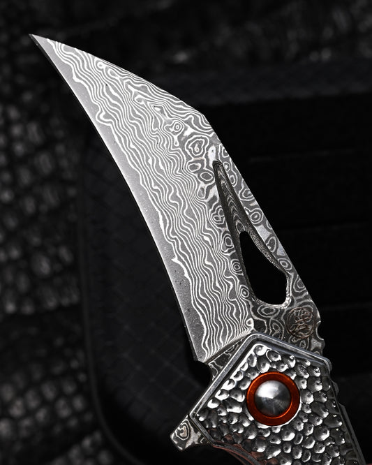 HorixGear TSUBASA Custom Folding Knife – Forged Layered Damascus, Abalone Handle & Hammered Bolster