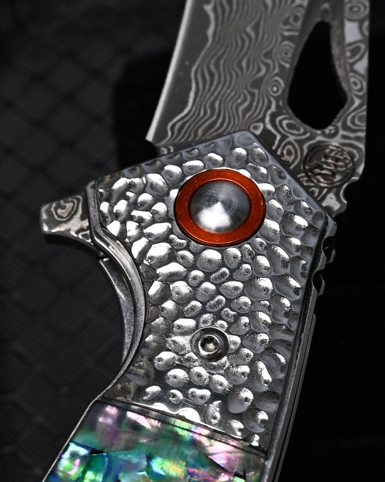HorixGear TSUBASA Custom Folding Knife – Forged Layered Damascus, Abalone Handle & Hammered Bolster