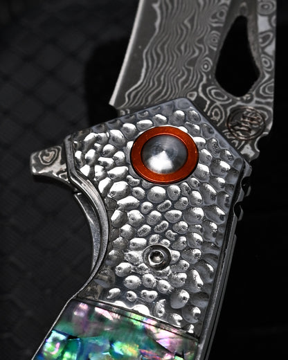 HorixGear TSUBASA Custom Folding Knife – Forged Layered Damascus, Abalone Handle & Hammered Bolster