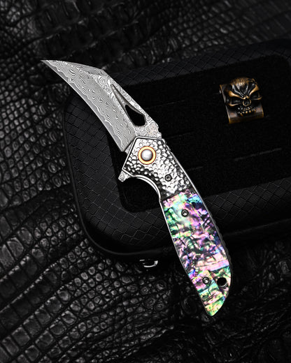 HorixGear TSUBASA Custom Folding Knife – Forged Layered Damascus, Abalone Handle & Hammered Bolster