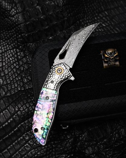 HorixGear TSUBASA Custom Folding Knife – Forged Layered Damascus, Abalone Handle & Hammered Bolster