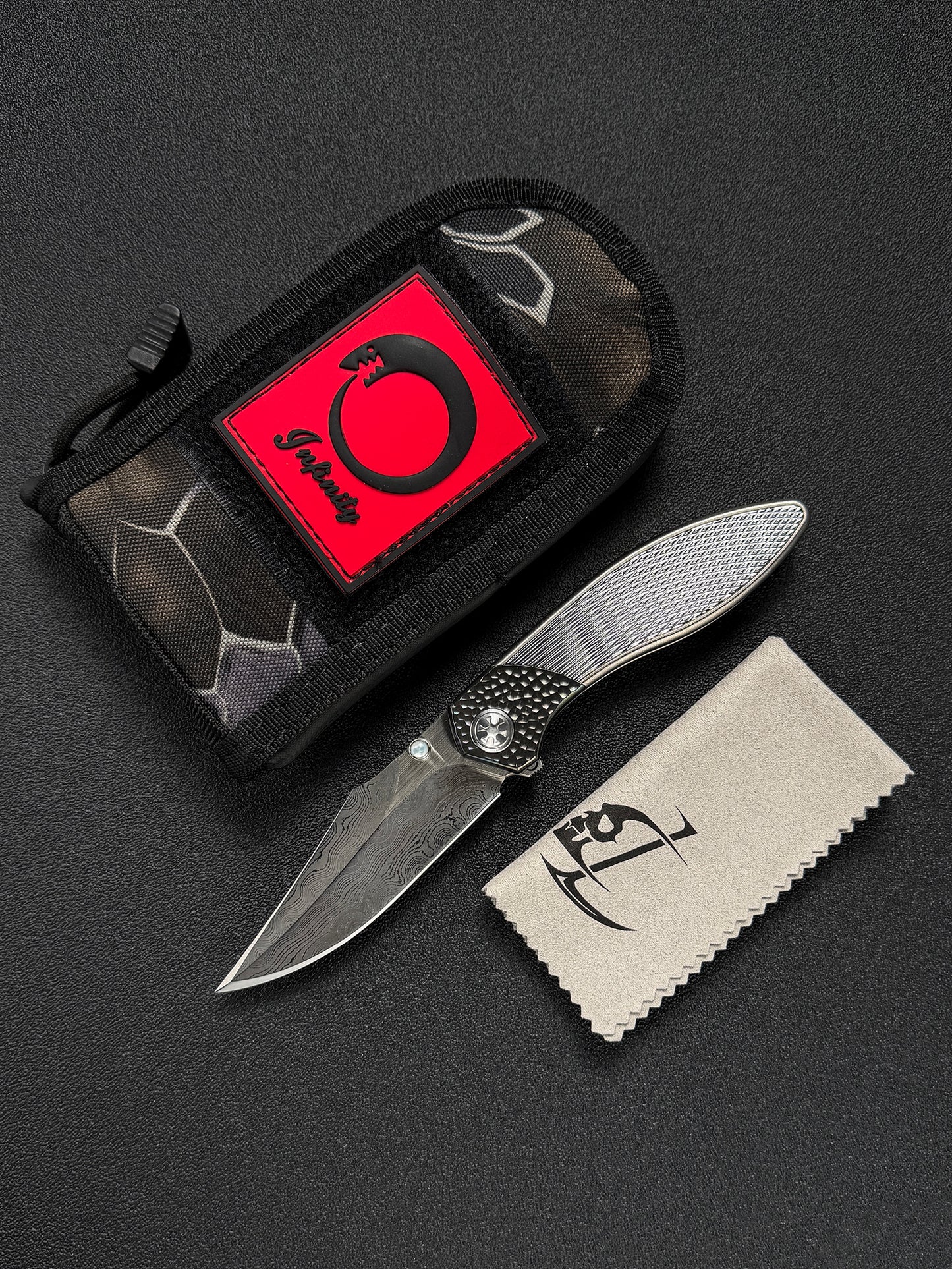Infinite Charlie Knives Raku II Damascus Steel Diamond-Pattern Titanium Custom Folding Knife