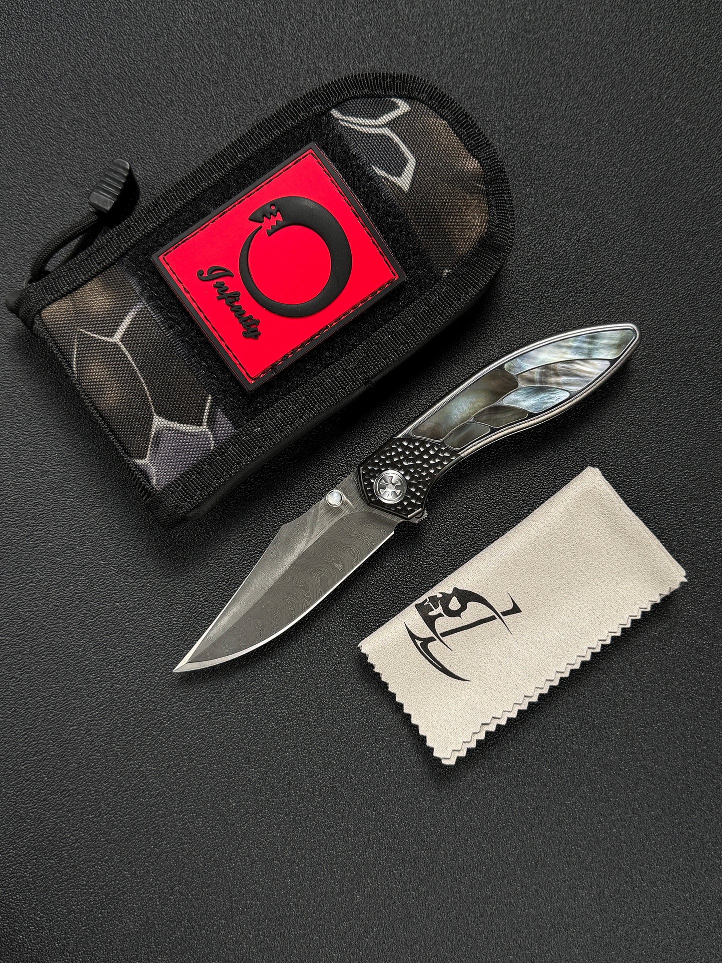 Infinite Charlie Knives Raku II Damascus Steel Titanium Mother-of-Pearl Custom Folding Knife
