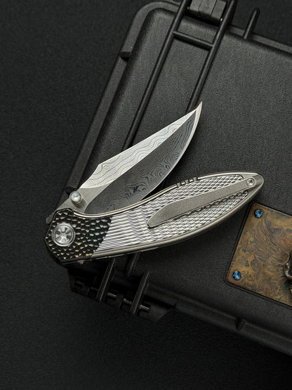 Infinite Charlie Knives Raku II Damascus Steel Diamond-Pattern Titanium Custom Folding Knife