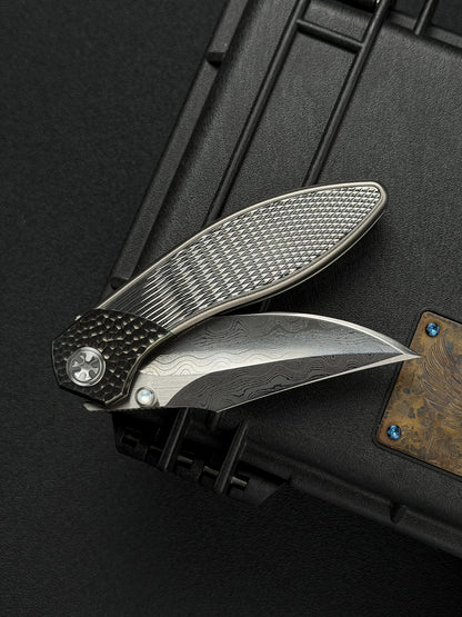 Infinite Charlie Knives Raku II Damascus Steel Diamond-Pattern Titanium Custom Folding Knife