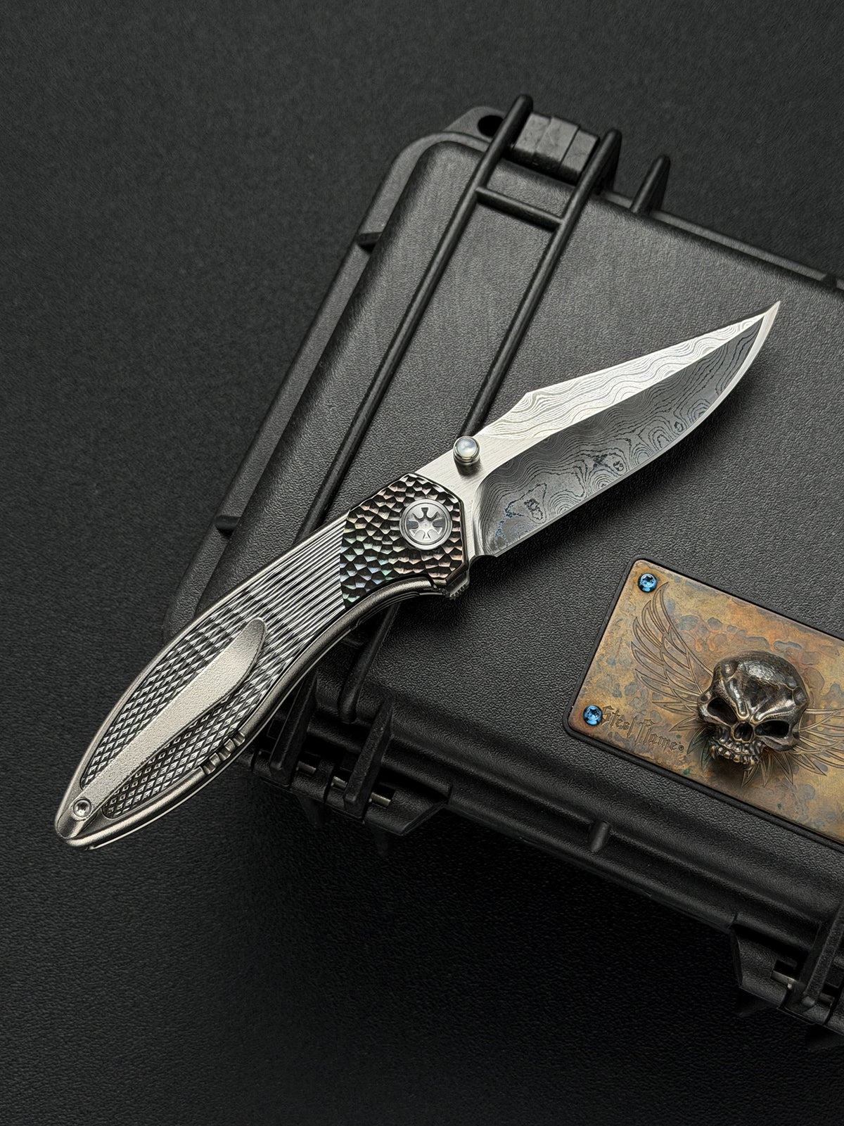 Infinite Charlie Knives Raku II Damascus Steel Diamond-Pattern Titanium Custom Folding Knife