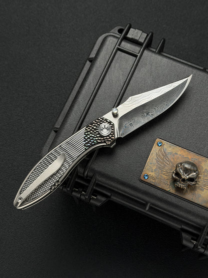 Infinite Charlie Knives Raku II Damascus Steel Diamond-Pattern Titanium Custom Folding Knife