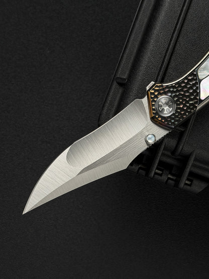 Infinite Charlie Knives Raku II M390 Brushed Hollow-Ground Titanium Mother-of-Pearl Custom Folding Knife