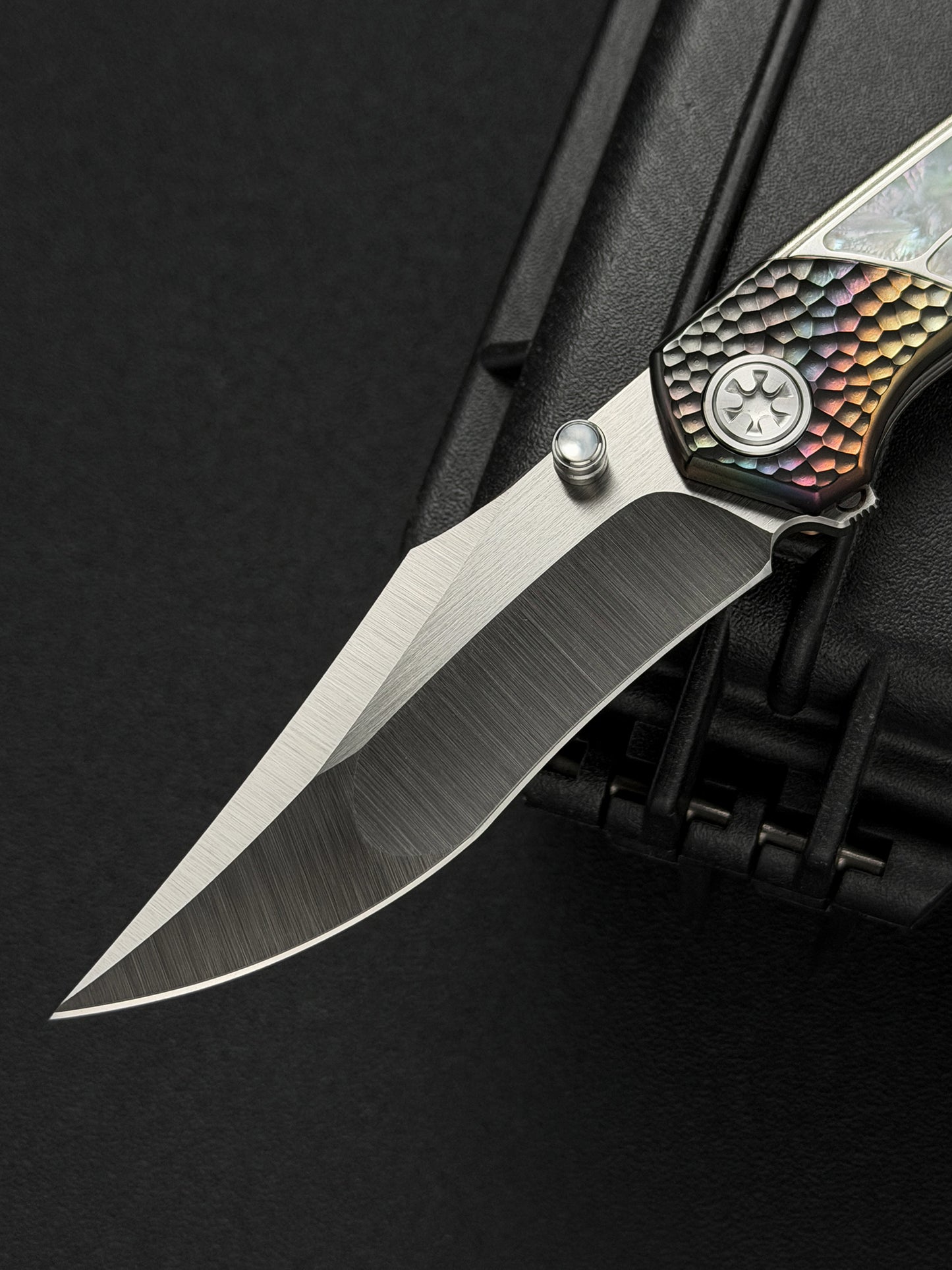 Infinite Charlie Knives Raku II M390 Brushed Hollow-Ground Titanium Mother-of-Pearl Custom Folding Knife