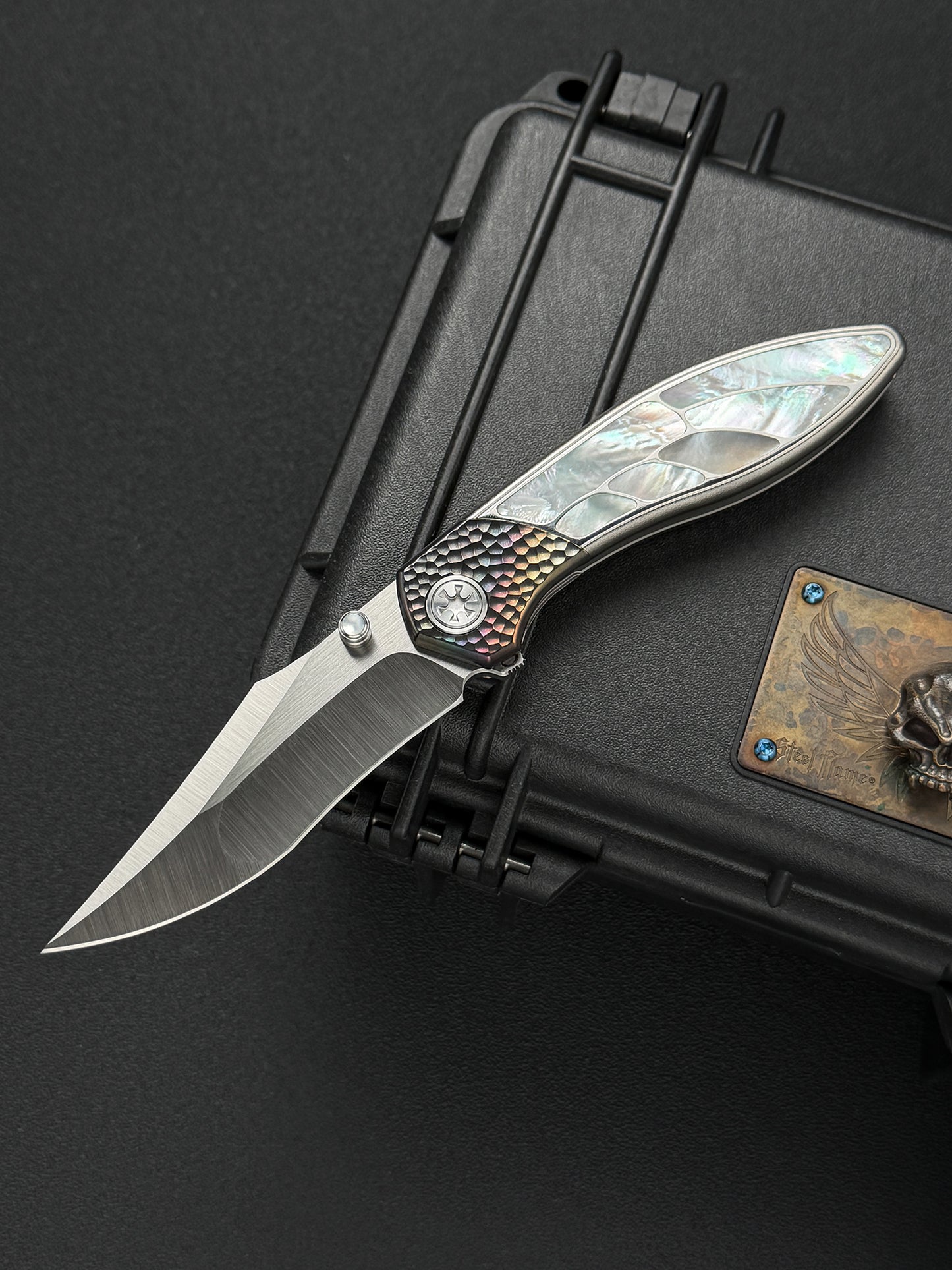 Infinite Charlie Knives Raku II M390 Brushed Hollow-Ground Titanium Mother-of-Pearl Custom Folding Knife
