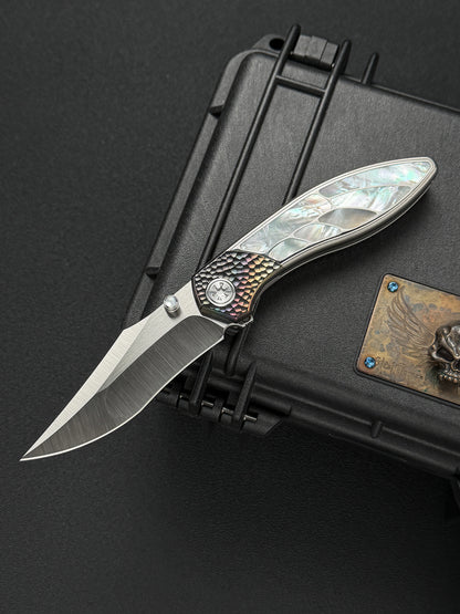 Infinite Charlie Knives Raku II M390 Brushed Hollow-Ground Titanium Mother-of-Pearl Custom Folding Knife
