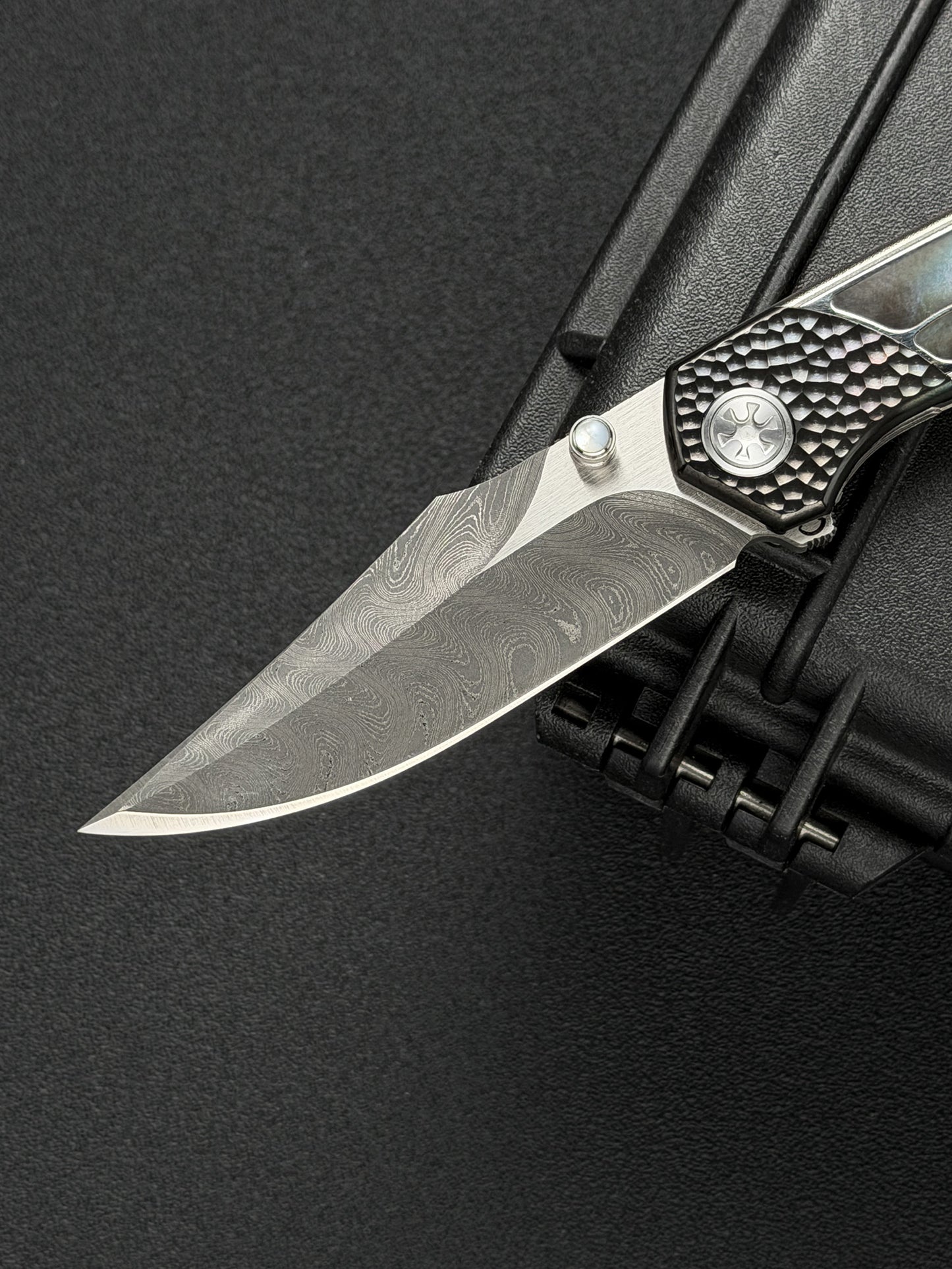 Infinite Charlie Knives Raku II Damascus Steel Titanium Mother-of-Pearl Custom Folding Knife