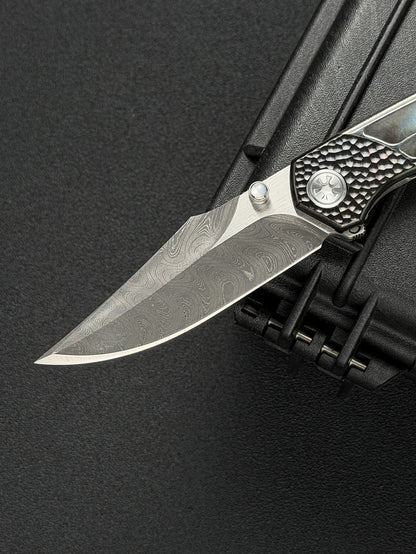 Infinite Charlie Knives Raku II Damascus Steel Titanium Mother-of-Pearl Custom Folding Knife