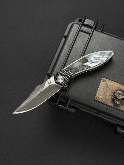 Infinite Charlie Knives Raku II Damascus Steel Titanium Mother-of-Pearl Custom Folding Knife