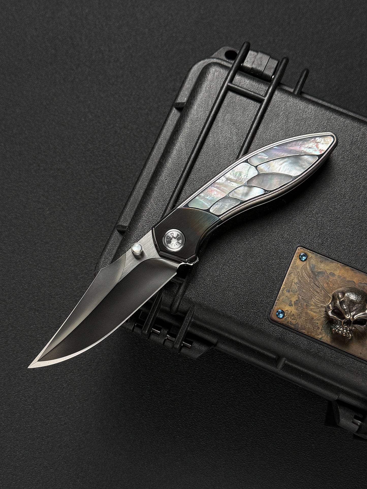 Infinite Charlie Knives Raku II M390 titanium folding knife with mother-of-pearl inlay