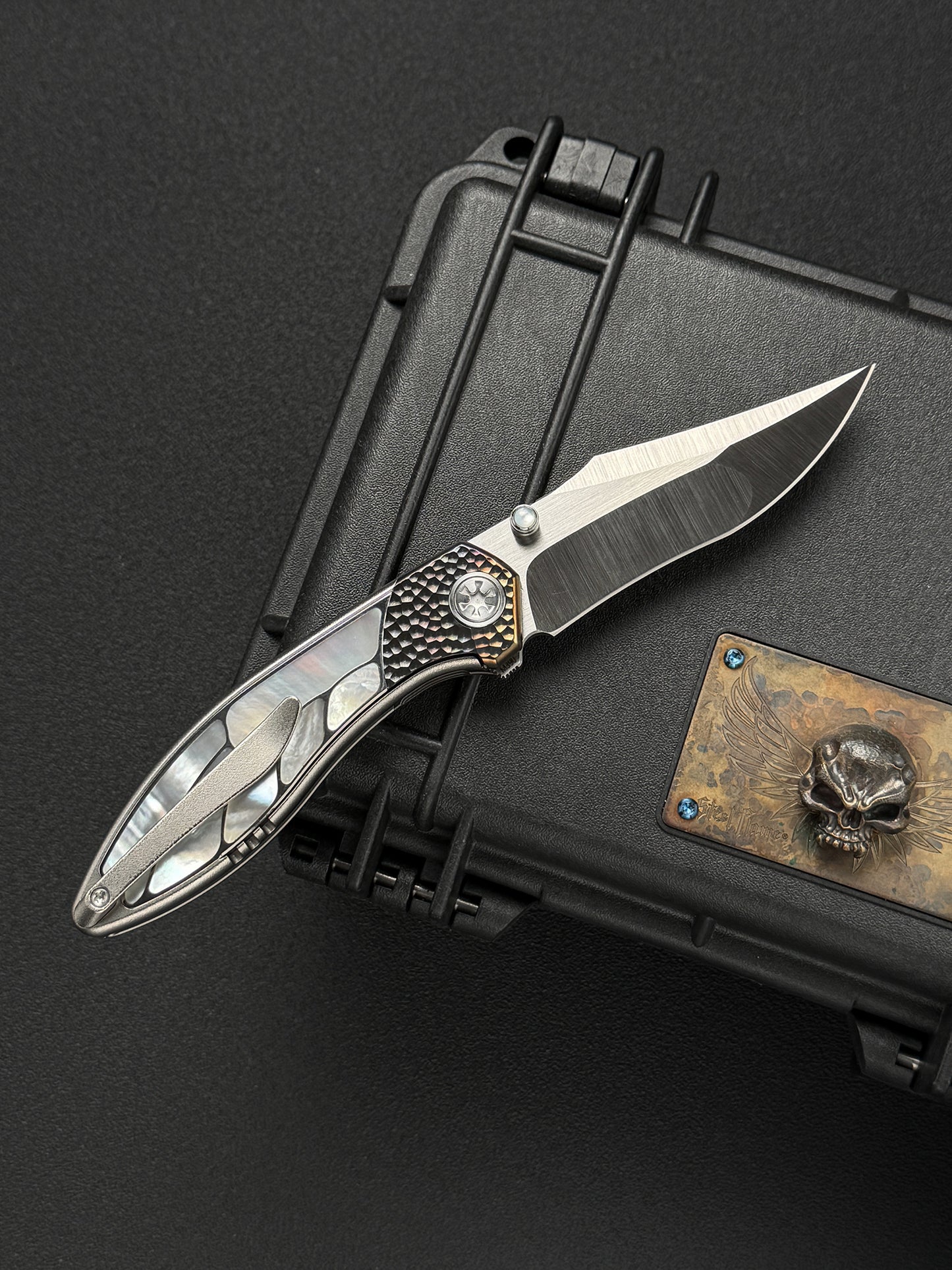Infinite Charlie Knives Raku II M390 Brushed Hollow-Ground Titanium Mother-of-Pearl Custom Folding Knife