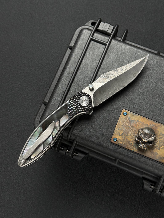 Infinite Charlie Knives Raku II Damascus Steel Titanium Mother-of-Pearl Custom Folding Knife