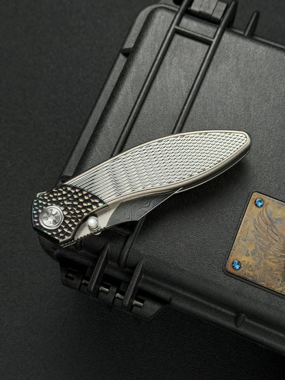 Infinite Charlie Knives Raku II Damascus Steel Diamond-Pattern Titanium Custom Folding Knife
