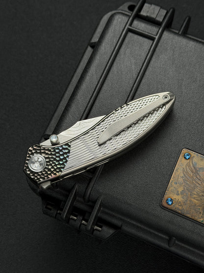 Infinite Charlie Knives Raku II Damascus Steel Diamond-Pattern Titanium Custom Folding Knife