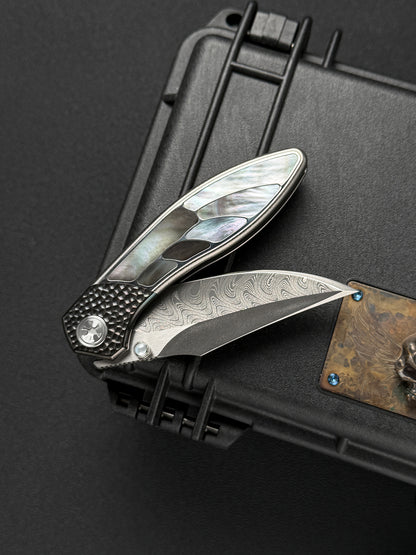 Infinite Charlie Knives Raku II Damascus Steel Titanium Mother-of-Pearl Custom Folding Knife