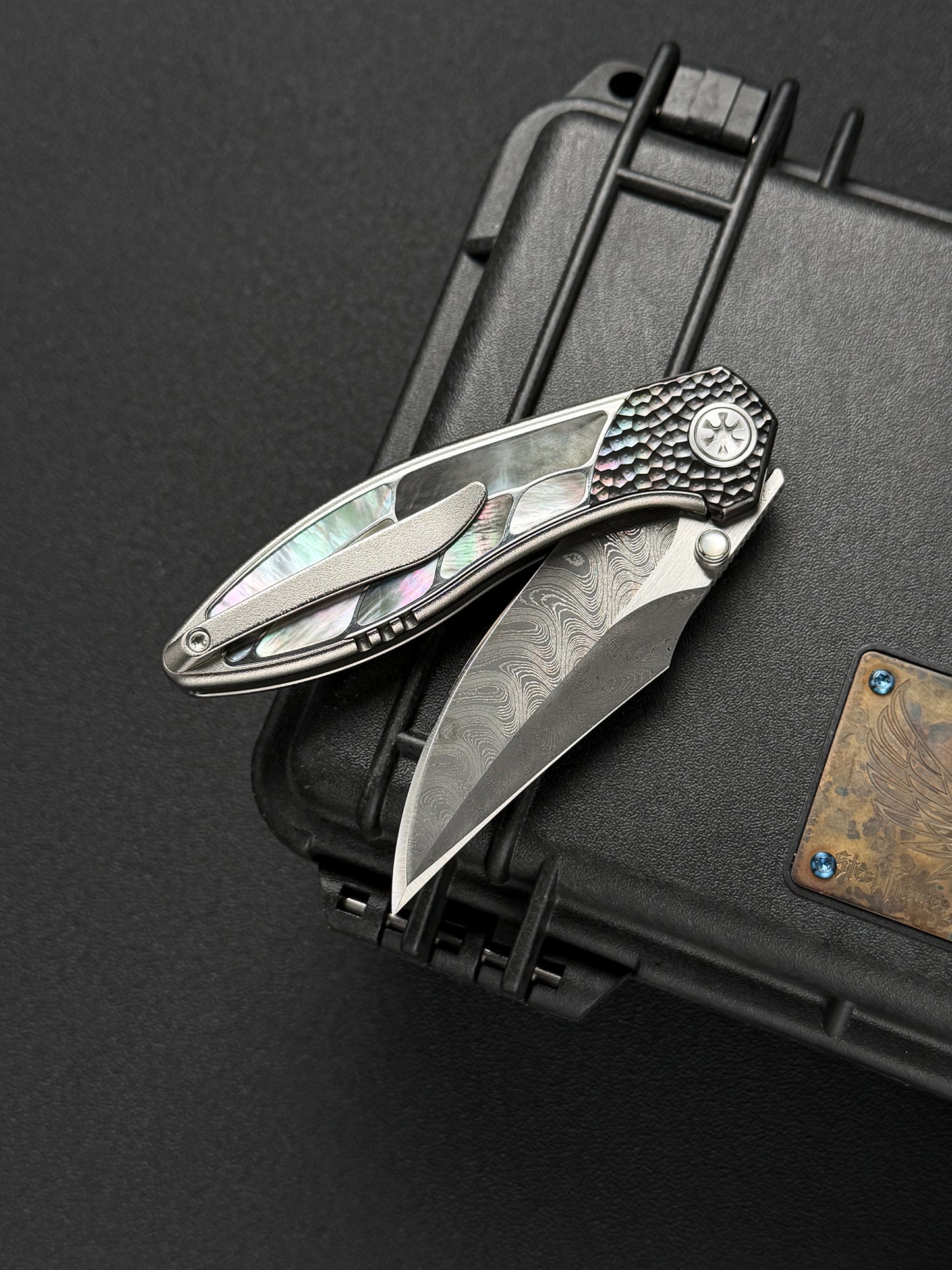 Infinite Charlie Knives Raku II Damascus Steel Titanium Mother-of-Pearl Custom Folding Knife