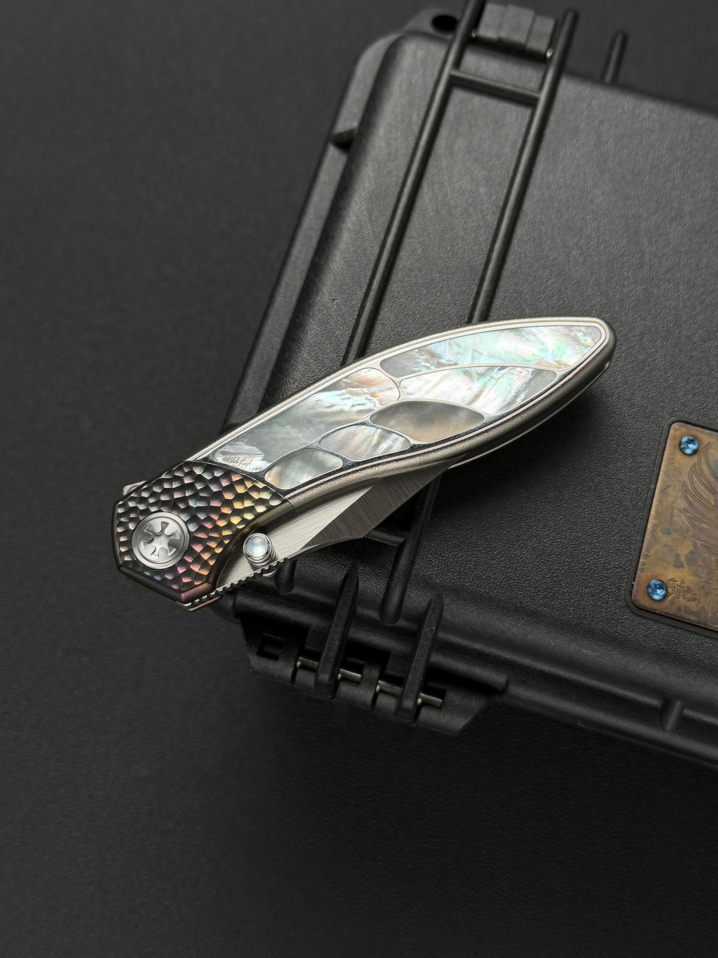 Infinite Charlie Knives Raku II M390 Brushed Hollow-Ground Titanium Mother-of-Pearl Custom Folding Knife