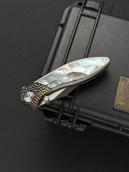 Infinite Charlie Knives Raku II M390 Brushed Hollow-Ground Titanium Mother-of-Pearl Custom Folding Knife