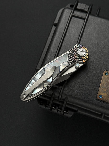 Infinite Charlie Knives Raku II M390 Brushed Hollow-Ground Titanium Mother-of-Pearl Custom Folding Knife