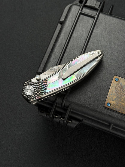 Infinite Charlie Knives Raku II Damascus Steel Titanium Mother-of-Pearl Custom Folding Knife