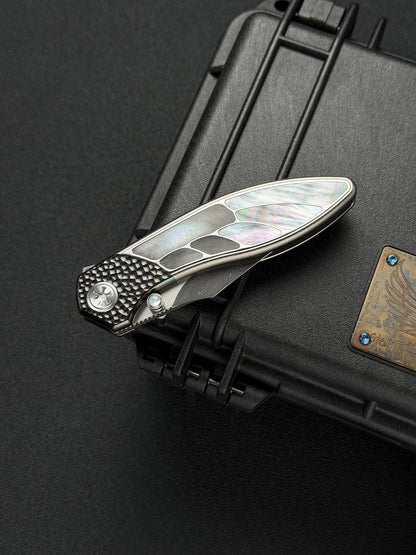 Infinite Charlie Knives Raku II Damascus Steel Titanium Mother-of-Pearl Custom Folding Knife