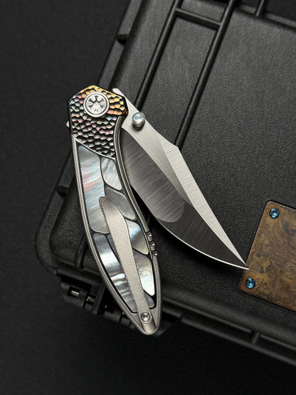 Infinite Charlie Knives Raku II M390 Brushed Hollow-Ground Titanium Mother-of-Pearl Custom Folding Knife