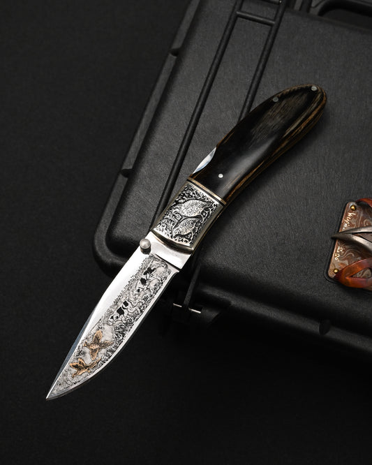 Rare Katsuhiko Miura Handmade Custom Folding Knife – Double-Sided Mountain, Dog & Bird Engraving / Black Laminated Wood / Back Lock