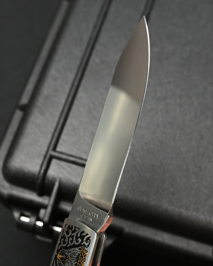 Rare Katsuhiko Miura Eagle-Engraved Custom Folding Knife – Mirror-Polished Blade / Wood Inlay / Back Lock / Made in Japan