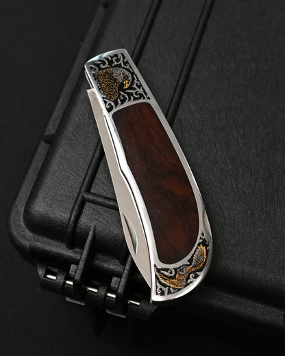 Rare Katsuhiko Miura Eagle-Engraved Custom Folding Knife – Mirror-Polished Blade / Wood Inlay / Back Lock / Made in Japan