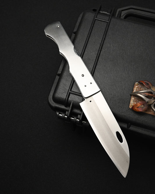 Rare Katsuhiko Miura Handmade Folding Steak Knife – ATS-34 / Tiger & Dragon Engraving / Stainless Steel Handle