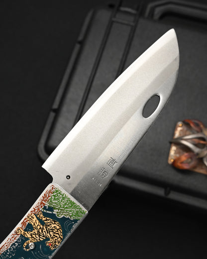 Rare Katsuhiko Miura Handmade Folding Steak Knife – ATS-34 / Tiger & Dragon Engraving / Stainless Steel Handle