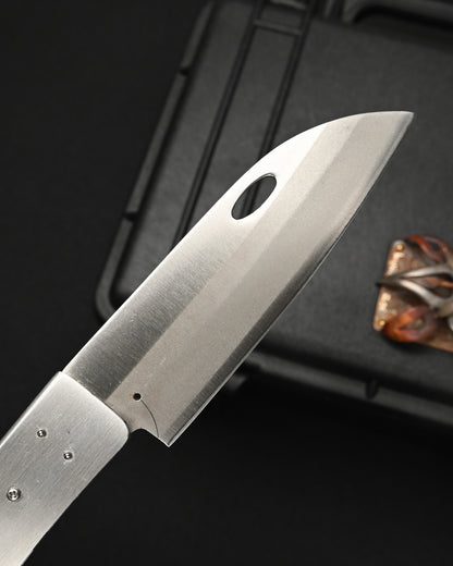 Rare Katsuhiko Miura Handmade Folding Steak Knife – ATS-34 / Tiger & Dragon Engraving / Stainless Steel Handle