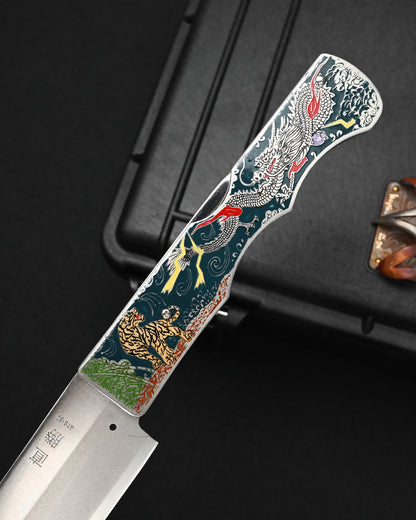 Rare Katsuhiko Miura Handmade Folding Steak Knife – ATS-34 / Tiger & Dragon Engraving / Stainless Steel Handle