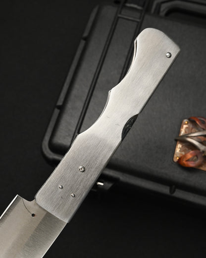 Rare Katsuhiko Miura Handmade Folding Steak Knife – ATS-34 / Tiger & Dragon Engraving / Stainless Steel Handle