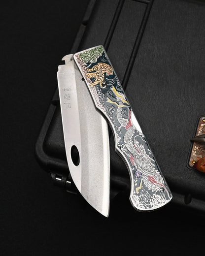 Rare Katsuhiko Miura Handmade Folding Steak Knife – ATS-34 / Tiger & Dragon Engraving / Stainless Steel Handle