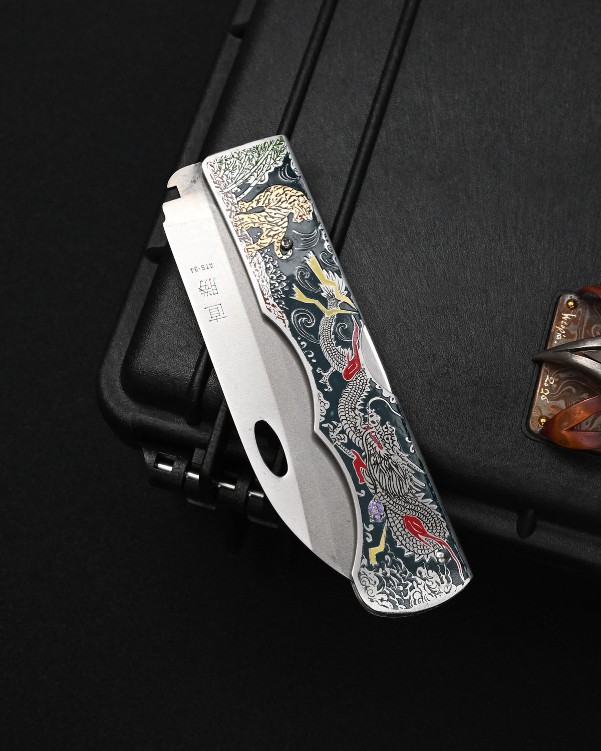Rare Katsuhiko Miura Handmade Folding Steak Knife – ATS-34 / Tiger & Dragon Engraving / Stainless Steel Handle