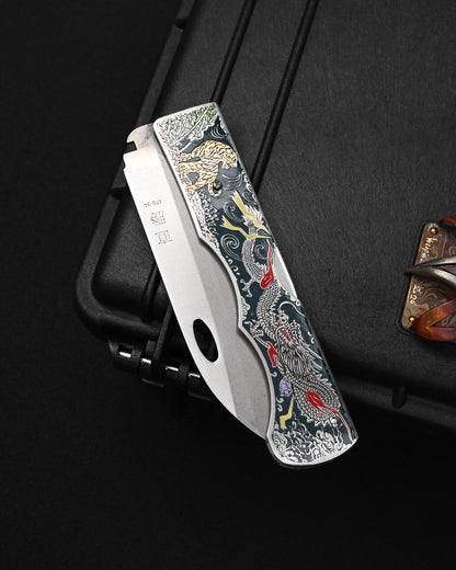 Rare Katsuhiko Miura Handmade Folding Steak Knife – ATS-34 / Tiger & Dragon Engraving / Stainless Steel Handle