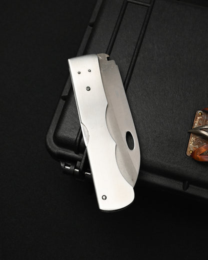 Rare Katsuhiko Miura Handmade Folding Steak Knife – ATS-34 / Tiger & Dragon Engraving / Stainless Steel Handle