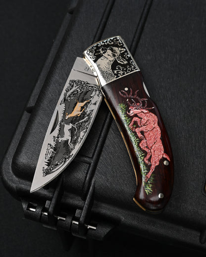 Rare Katsuhiko Miura Hand-Engraved Custom Folding Knife – Double-Sided Deer & Scrollwork Engraving / Carved Wood Handle / Japan