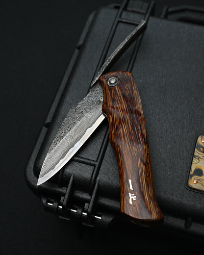 Kazushi Machida Handmade Higonokami-Style Folding Knife – Hand-Forged Damascus / One-Piece Wood Handle / Japan