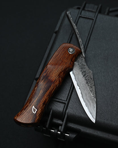 Kazushi Machida Handmade Higonokami-Style Folding Knife – Hand-Forged Damascus / One-Piece Wood Handle / Japan