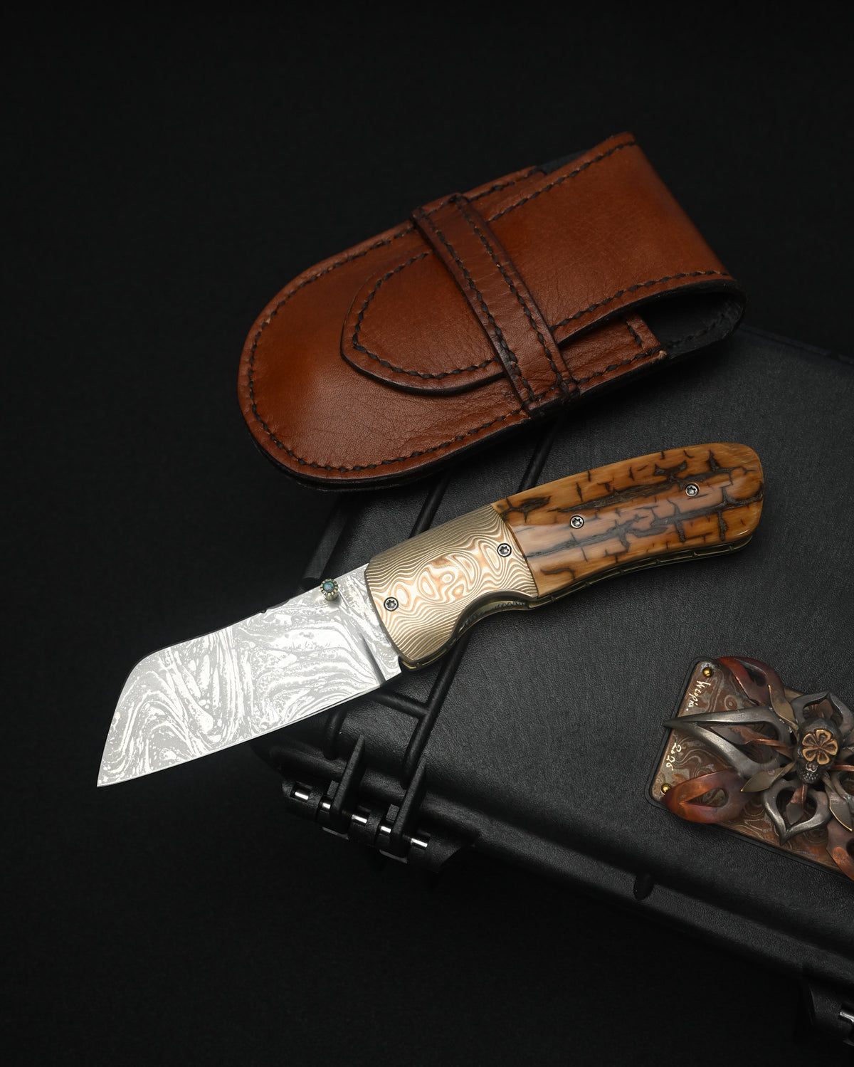 Kazuyuki Sakurai Shiden handmade RWL-34 custom folding knife with Mokume Gane bolsters and mammoth ivory handle