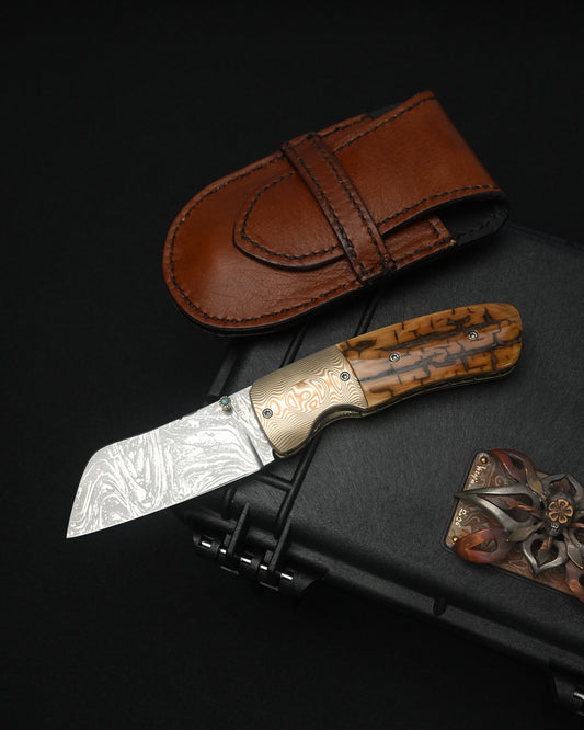 Kazuyuki Sakurai Shiden handmade RWL-34 custom folding knife with Mokume Gane bolsters and mammoth ivory handle